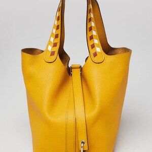 Hermes Jaune Ambre/Brique/White Epsom Leather Tressage De Cuir Picotin Bag
